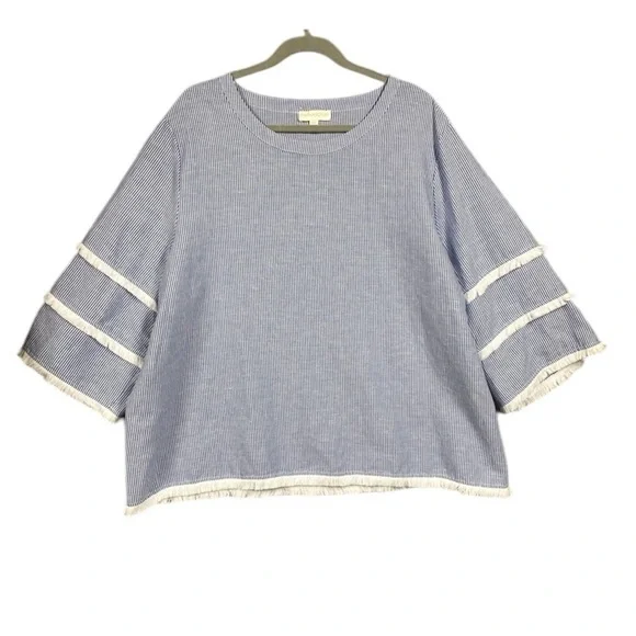 NEW Cynthia Rowley Linen Blend Fringe Sleeve Striped Nautical Blouse Sz 2X Blue - Picture 1 of 7